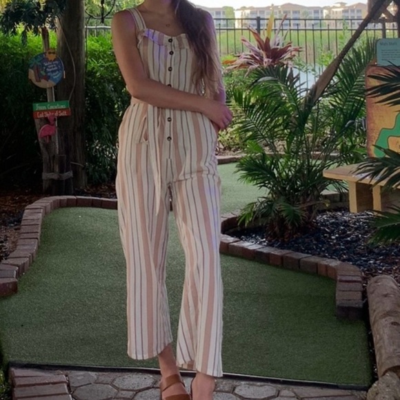 Striped Beige White Peach Jumpsuit - Picture 1 of 6